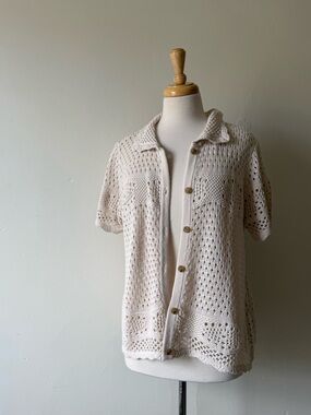 Cyrus Crochet Knit Button-Up Cardigan Top Cream Neutral Boho